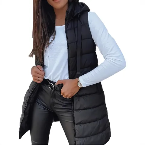 Dames Half Lange Gewatteerde Vest Met Capuchon Mouwloze Jas Met Zakken Effen Kleur Rits Vooraan Casual Bovenkleding