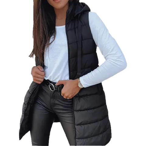 Women Mid Length Hooded Padded Vest Quilted Sleeveless Jacket With Pockets Solid Color Zipper Front Casual Outerwear