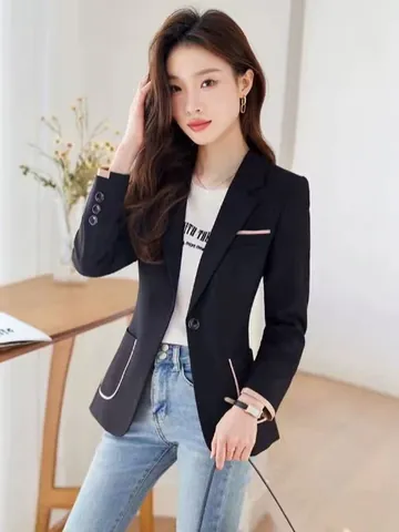 Women Contrast Color Slim Fit Blazer Jacket 2025 Spring New Notched Lapel Single Button Korean Fashion Casual Suit Top Office Lady