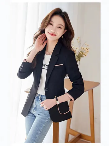 Women Contrast Color Slim Fit Blazer Jacket 2025 Spring New Notched Lapel Single Button Korean Fashion Casual Suit Top Office Lady