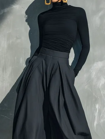 Damen Casual Fashion Top And Bottom Mock Neck Langarm Strickoberteil Und Woven Weite Hose Mit Hoher Taille Schwarz Dunkelgrau Outfit