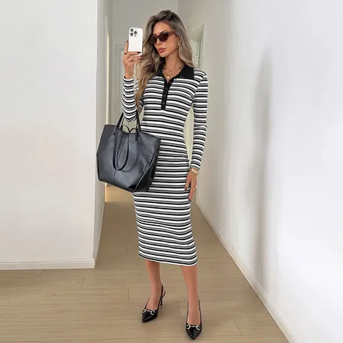 Women's Casual Black White Striped Midi Dress Long Sleeve Polo Neck Knitted Bodycon Dress Slim Fit T-Shirt Midi Dress
