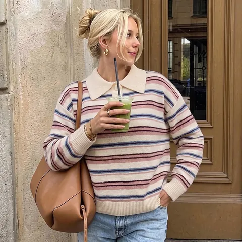 Dames Gestreept Polokraag Gebreide Trui Lange Mouwen Loose Fit Oversized Gebreide Top Voor Casual Dagelijks Gebruik Winter