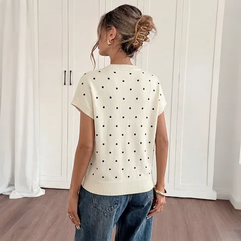 Women Polka Dot Knit Top Short Sleeve Flutter Sleeve Ruffle Pullover Sweater Casual Soft Polyester Knitted Top For Daily