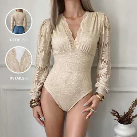 Sexy Cuello en V Retazos de Encaje Body de Manga Larga de Punto Acanalado Mono Ajustado Leotard Top Casual de Otoño Mujer
