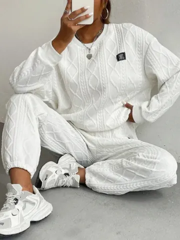 Women Casual Jacquard Long Sleeve Round Neck Pullover Top And Bottom Matching Sweatshirt Joggers Pants Set Leisure Sportsuit