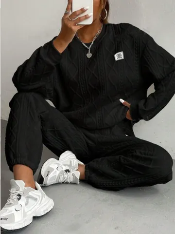 Women Casual Jacquard Long Sleeve Round Neck Pullover Top And Bottom Matching Sweatshirt Joggers Pants Set Leisure Sportsuit