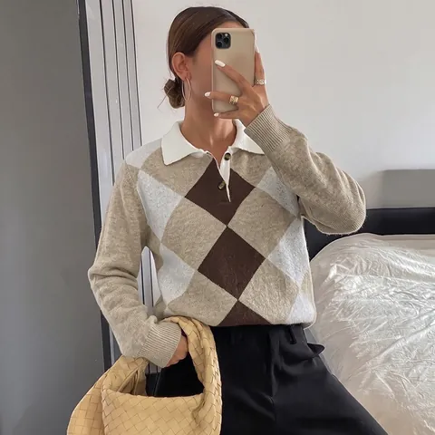 Women's Argyle Knitted Sweater Vintage Polo Collar Long Sleeve Pullover Loose Knitwear Contrast Color Autumn Winter Top