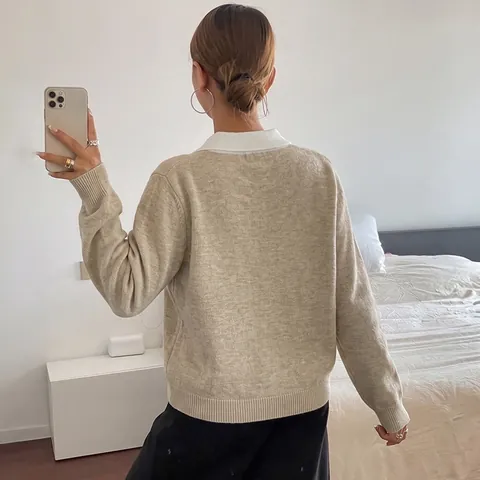 Women's Argyle Knitted Sweater Vintage Polo Collar Long Sleeve Pullover Loose Knitwear Contrast Color Autumn Winter Top