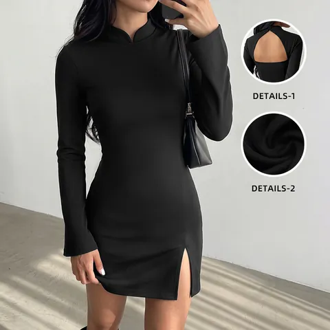 Vrouwen Sexy Open Rug Slim Fit Bodycon Mini Jurk Opstaande Kraag Lange Mouwen Split Nieuwe Chinese Stijl Herfst Zwart Jurk