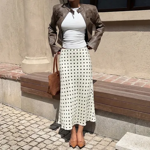 Women's Elegant High Waist Polka Dot Mermaid Skirt Slim Fit Satin Texture Fish Tail Midi Skirt Commute Style Fall Skirt