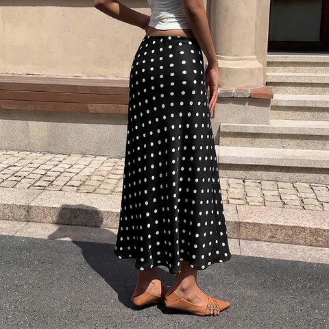 Women's Elegant High Waist Polka Dot Mermaid Skirt Slim Fit Satin Texture Fish Tail Midi Skirt Commute Style Fall Skirt