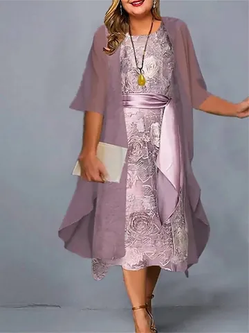 Women Top And Bottom Dress Set Floral Rose Print Round Neck Long Sleeve Cardigan Casual Plus Size Polyester Dress For Summer