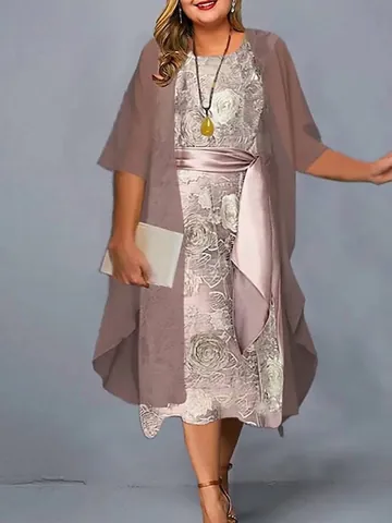 Women Top And Bottom Dress Set Floral Rose Print Round Neck Long Sleeve Cardigan Casual Plus Size Polyester Dress For Summer