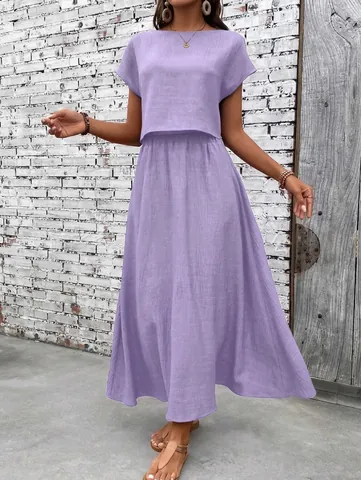 Women Top And Bottom Skirt Set Round Neck Short Sleeve T-Shirt High Waist Midi Skirt Casual Summer Polyester Cotton Outfit