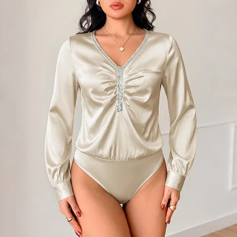 Body en Satin pour Femmes Col en V Paillettes Plissé Manches Longues Élégant Bureau Jumpsuit Top pour Automne Mode Fête