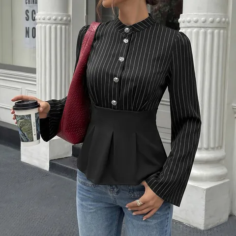 Women's Striped Patchwork Shirt Elegant Long Sleeve Peplum Blouse With Stand Collar And Decorative Buttons Slim Top