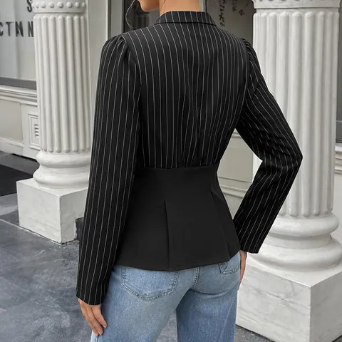 Women's Striped Patchwork Shirt Elegant Long Sleeve Peplum Blouse With Stand Collar And Decorative Buttons Slim Top