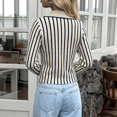 Women Slim Fit Striped Knit Cardigan Elegant Long Sleeve Turnover Collar Button Down Viscose Blend Short Sweater Top Blue White