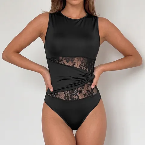 Women Sexy Black Sleeveless Bodysuit Featuring Lace Patchwork Knot Design And Hollow Out Slim Fit Summer One Piece Top