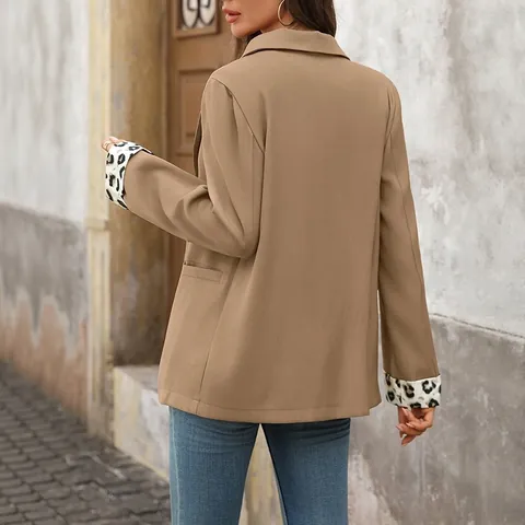 Dames Vintage Luipaard Splicing Khaki Blazer Jas Woon-werkverkeer Kantoor Revers Knopen Lange Mouwen Polyester Mantel