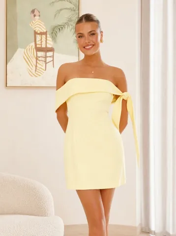 Vestido Mini de Mujer con Hombros al Aire Elegante Falda en A Vestido de Cóctel Amarillo Sin Mangas Ajustado de Fiesta con Lazo