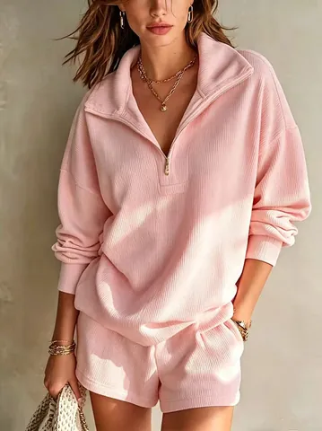 Conjunto de Top de Manga Larga Acanalado con Media Cremallera y Pantalones Cortos para Mujer Atuendo Casual Elegante