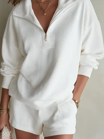 Conjunto de Top de Manga Larga Acanalado con Media Cremallera y Pantalones Cortos para Mujer Atuendo Casual Elegante