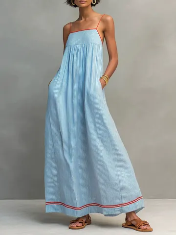 Vestido Cami de Rayas para Mujer Vestido Maxi de Poliéster Minimalista con Ribete en Contraste Vestido Largo de Verano sin Mangas