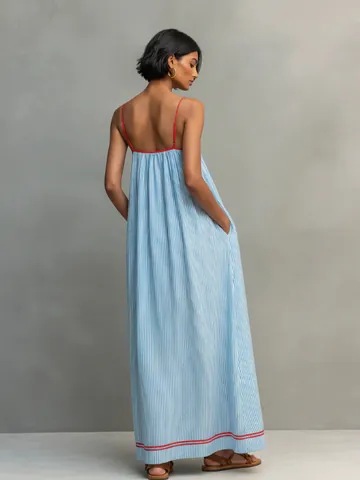 Vestido Cami de Rayas para Mujer Vestido Maxi de Poliéster Minimalista con Ribete en Contraste Vestido Largo de Verano sin Mangas