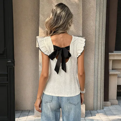 Women Summer Flutter Sleeve Backless Knit Top Texture Solid Color Casual Round Neck T-Shirt With Back Bow Decoration