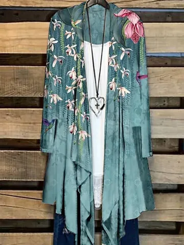 Damen Übergröße Offene Vorderseite Cardigan Langarm Bedruckt Floral Abstrakt Locker Extra Lang Cardigan Für Strand Sommer Urlaub Casual Top