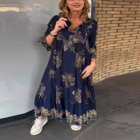 Women's Bohemian Floral Print V-Neck Button Long Sleeve Maxi Dress Navy Blue Vintage Vacation Casual Large Swing Long Dress