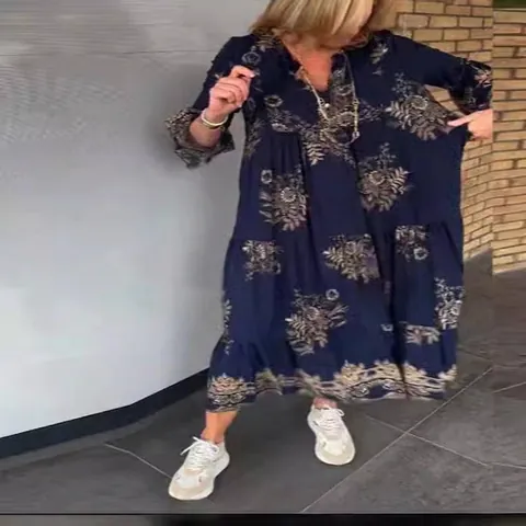 Women's Bohemian Floral Print V-Neck Button Long Sleeve Maxi Dress Navy Blue Vintage Vacation Casual Large Swing Long Dress