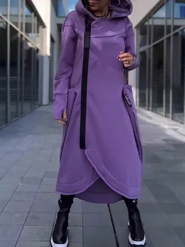 Women Casual Long Hooded Hoodie Cardigan Asymmetrical Zipper Pockets Solid Color Polyester Trench Coat Autumn Winter Outerwear