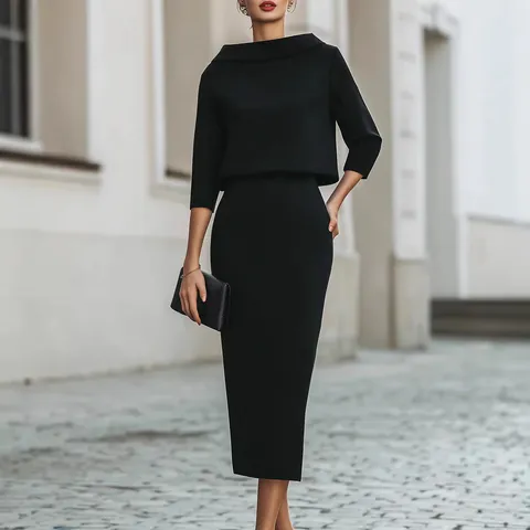 Elegant Urban Commute Women Top And Bottom Set Solid Color Polyester Boat Neck Sleeve Top High Waist Hip Skirt Set