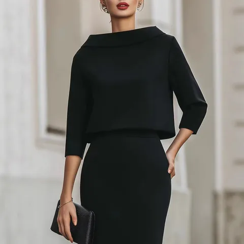Elegant Urban Commute Women Top And Bottom Set Solid Color Polyester Boat Neck Sleeve Top High Waist Hip Skirt Set