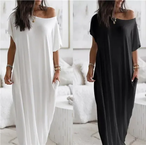 Women Short Sleeve Solid Color Maxi Dress Loose Milk Silk Casual Off-Shoulder Batwing Sleeve Summer Long Dress With Pockets