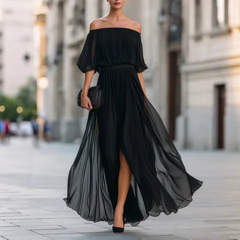 Elegant Off-Shoulder Pleated Chiffon Maxi Dress For Women Summer Solid Color Slit Hem Evening Party Beach Long Dress
