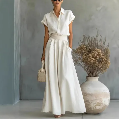 Conjunto Casual de Dos Piezas para Mujer Camisa y Pantalones de Pata Ancha Color Sólido Parte Superior y Pantalones Estilo Callejero