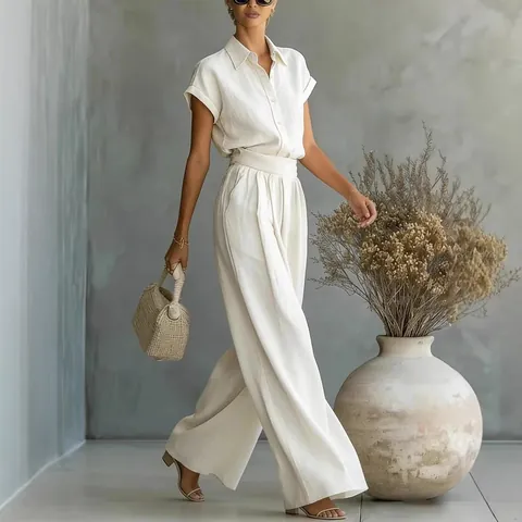 Conjunto Casual de Dos Piezas para Mujer Camisa y Pantalones de Pata Ancha Color Sólido Parte Superior y Pantalones Estilo Callejero