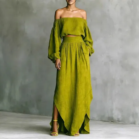 Women Fashion Casual Off-Shoulder Long Sleeve Top And Irregular Slit Maxi Skirt Two Piece Polyester Clothing Set For Women