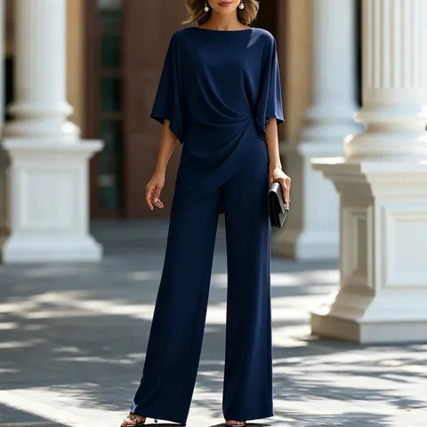 Elegante Camicia con Vita Drappeggiata e Pantaloni a Gamba Larga Top And Bottom Completo Casual da Donna in Poliestere Spandex