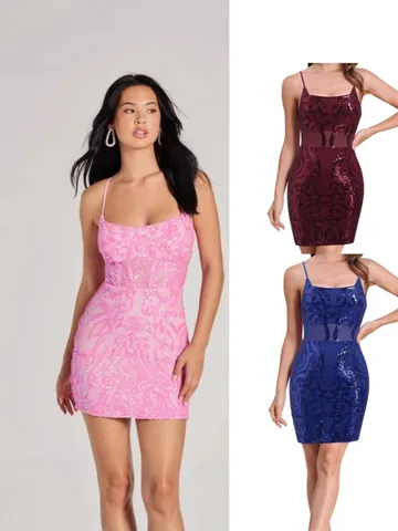 Women's Sexy Sequin Spaghetti Strap Mini Dress Mesh Patchwork Backless Bodycon Party Evening Dress Elegant Clubwear Gown