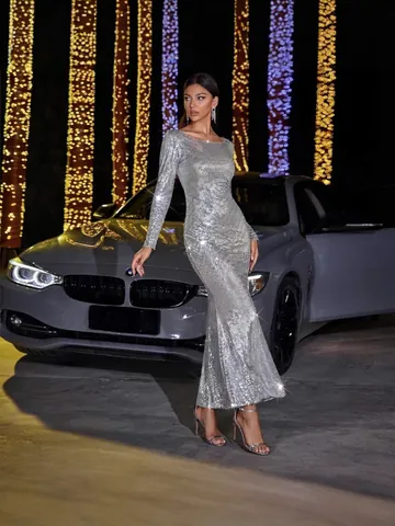 Vestido de Noche Elegante de Lentejuelas Plateadas para Mujer Sexy Ajustado Manga Larga hasta el Suelo para Banquete Fiesta