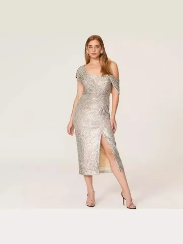 Vestido de Fiesta Midi Sexy de Lentejuelas Plateadas para Mujer Elegante Vestido de Noche Ajustado con Abertura Alta y Fruncido