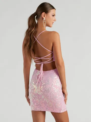 Vestito Mini da Donna Sexy con Paillettes Festa Scollo a V Senza Maniche Senza Schiena Incrocio Allacciato Bodycon Cocktail Club Rosa