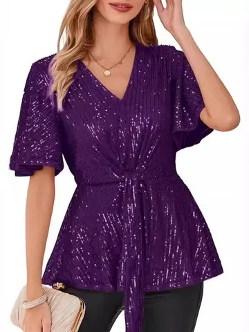 Elegant Shiny Sequin Top For Women V-Neck Short Flare Sleeve Sparkly Evening Party Banquet Solid Color Waist Tie T-Shirt