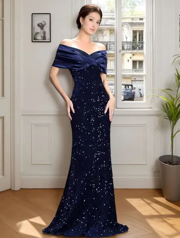 Vestido de Noche de Sirena con Hombros Descubiertos y Lentejuelas para Mujer Elegante Vestido de Fiesta Rojo Vino Negro Azul Profundo
