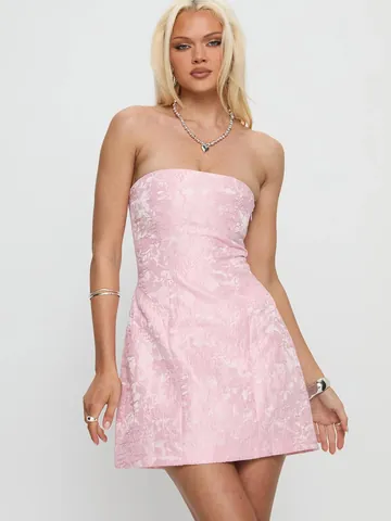 Mini Abito da Donna Jacquard Floreale Rosa Elegante Senza Spalline con Lacci sulla Schiena Aderente Cocktail Festa Sera Abito Corto